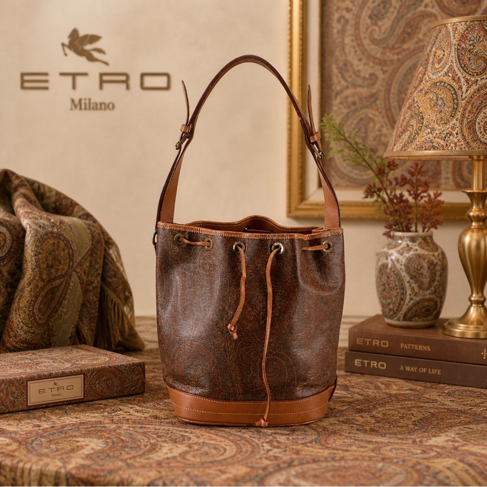Vintage ETRO Milano Paisley Leather Drawstring Bucket Bag